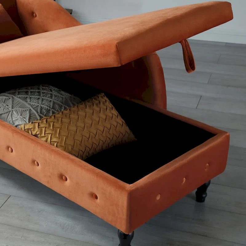Orange Modern 60 Velvet Upholstered Buttons Tufted Chaise Lounge Chair with Solid Wood Legs and Storage