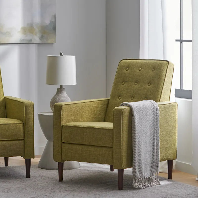Green Fabric Mid-Century Upholstered Push Back Recliner with Footrest, Button-tufted Backrest, Beech Wood Legs