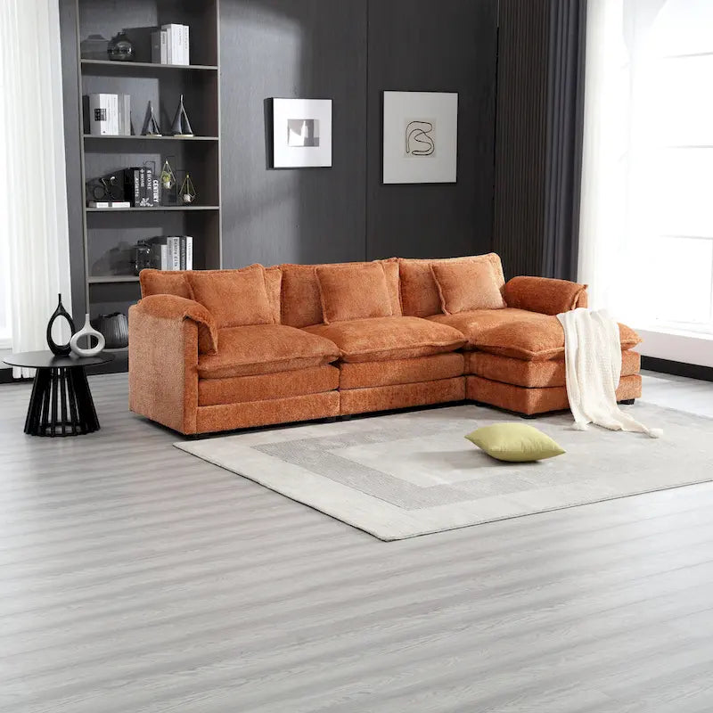 Orange 112.2 L-Shaped 4-Seat Sectional Sofa in Modern Boucle Fabric with Removable Cushions and Detachable Armrests