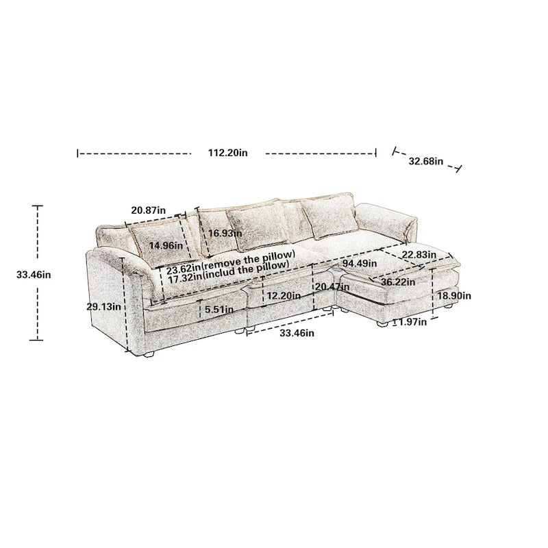 Orange 112.2 L-Shaped 4-Seat Sectional Sofa in Modern Boucle Fabric with Removable Cushions and Detachable Armrests