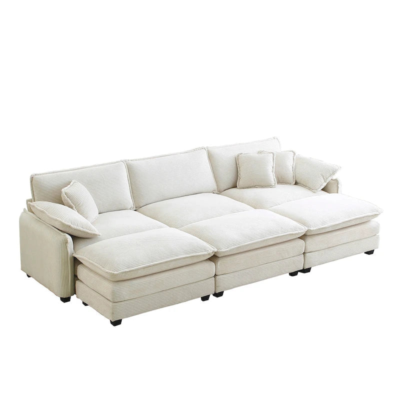 Beige 6-Piece Corduroy Modular Sleeper Sectional Sofa with 3 Ottomans & 5 Pillows