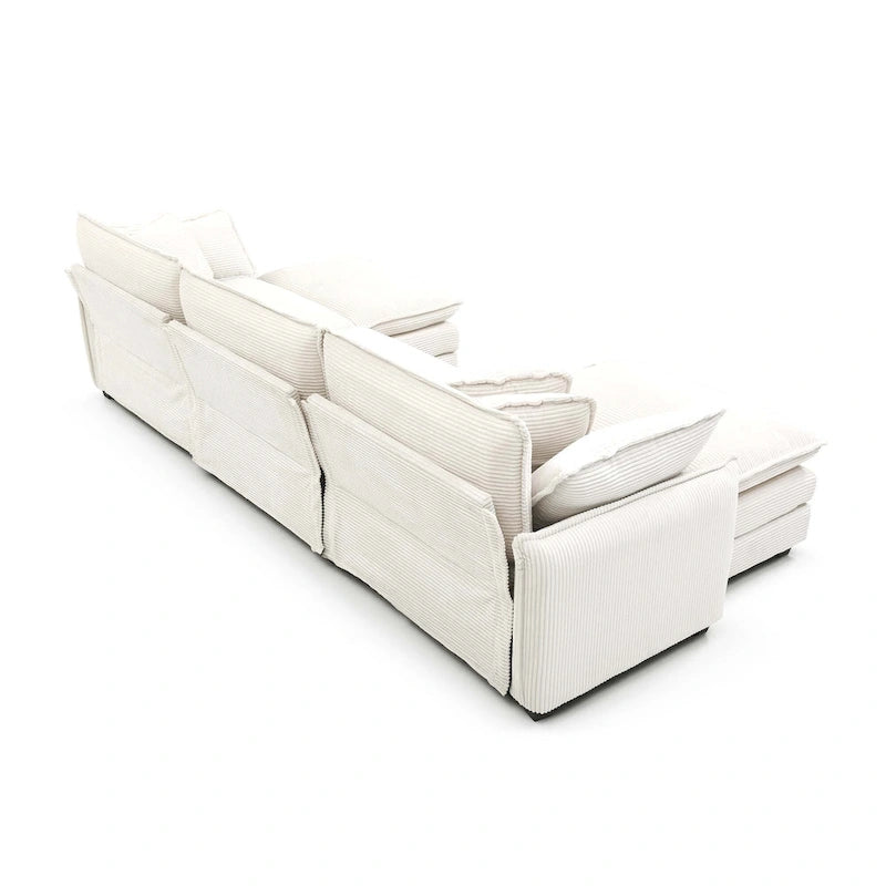 Beige 6-Piece Corduroy Modular Sleeper Sectional Sofa with 3 Ottomans & 5 Pillows