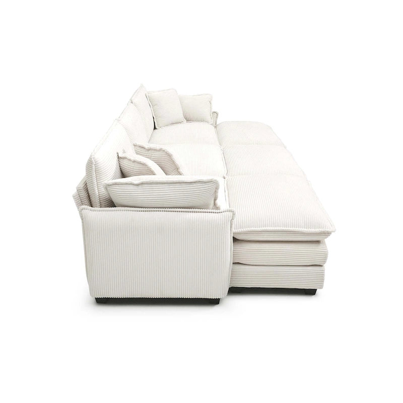Beige 6-Piece Corduroy Modular Sleeper Sectional Sofa with 3 Ottomans & 5 Pillows