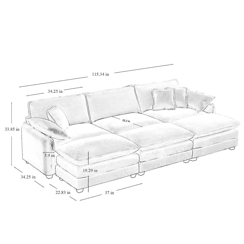 Beige 6-Piece Corduroy Modular Sleeper Sectional Sofa with 3 Ottomans & 5 Pillows