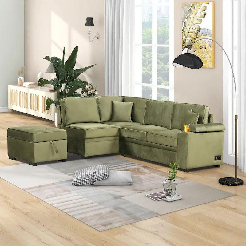 Green L-Shaped Sleeper Sofa with Storage - Seats 5