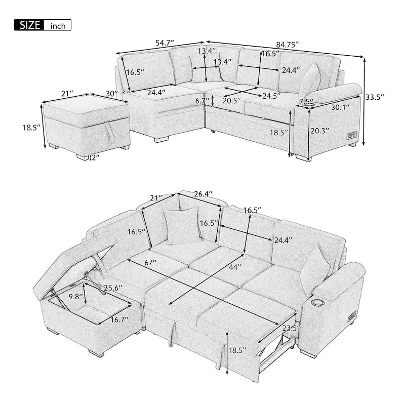 Green L-Shaped Sleeper Sofa with Storage - Seats 5