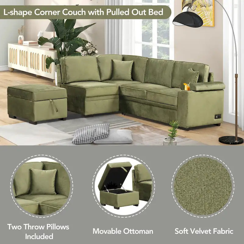 Green L-Shaped Sleeper Sofa with Storage - Seats 5