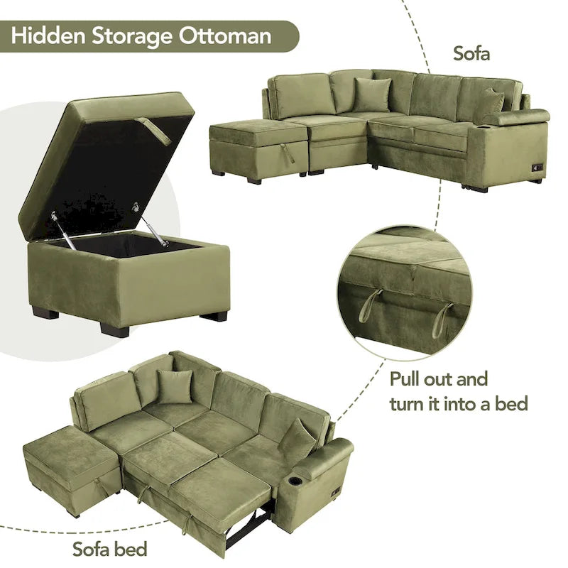 Green L-Shaped Sleeper Sofa with Storage - Seats 5