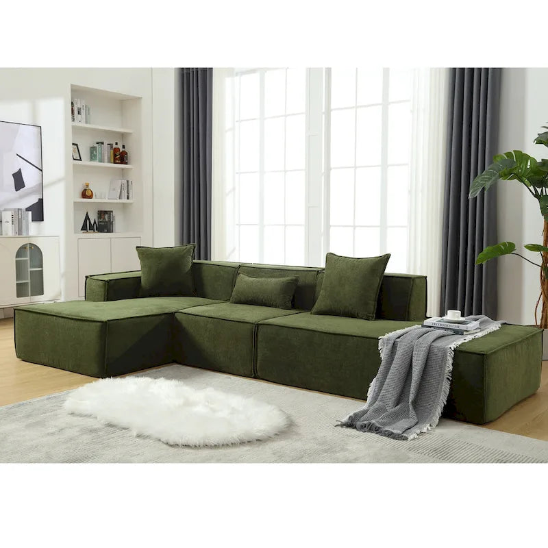 Green 129.5 Minimalist Modular L-Shaped 4 Seater Sectional Sofa Set with Chaise, Versatile Free-Combination Design