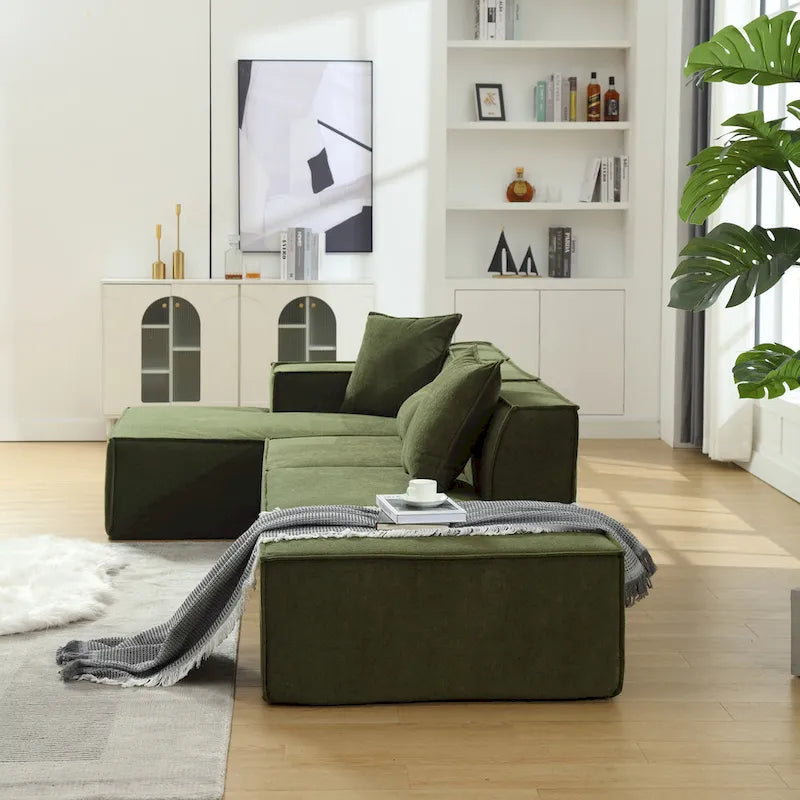 Green 129.5 Minimalist Modular L-Shaped 4 Seater Sectional Sofa Set with Chaise, Versatile Free-Combination Design