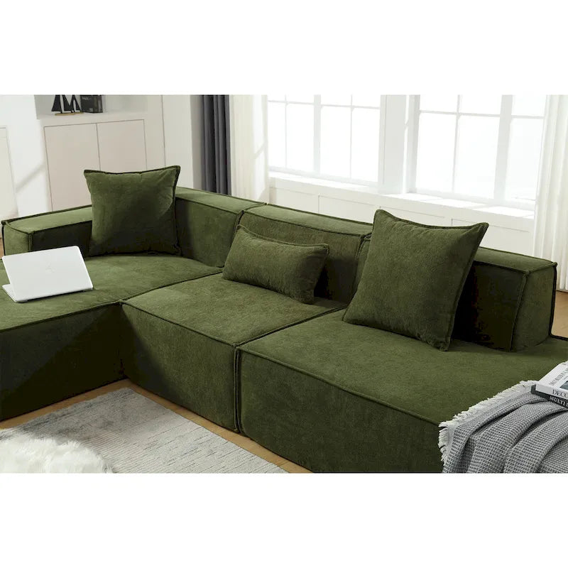 Green 129.5 Minimalist Modular L-Shaped 4 Seater Sectional Sofa Set with Chaise, Versatile Free-Combination Design