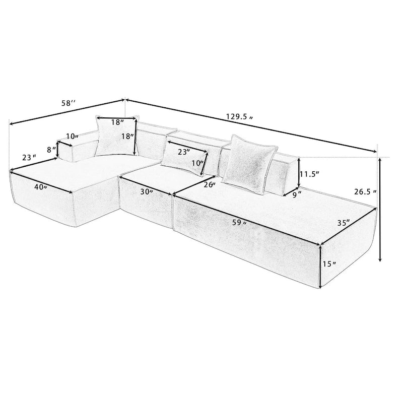 Green 129.5 Minimalist Modular L-Shaped 4 Seater Sectional Sofa Set with Chaise, Versatile Free-Combination Design