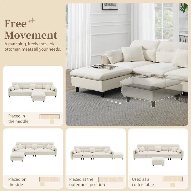 110 Modern L-Shaped Convertible 5-Seat Sectional Sofa with Removable Ottoman and 5 Cushions, Plush Chenille Fabric