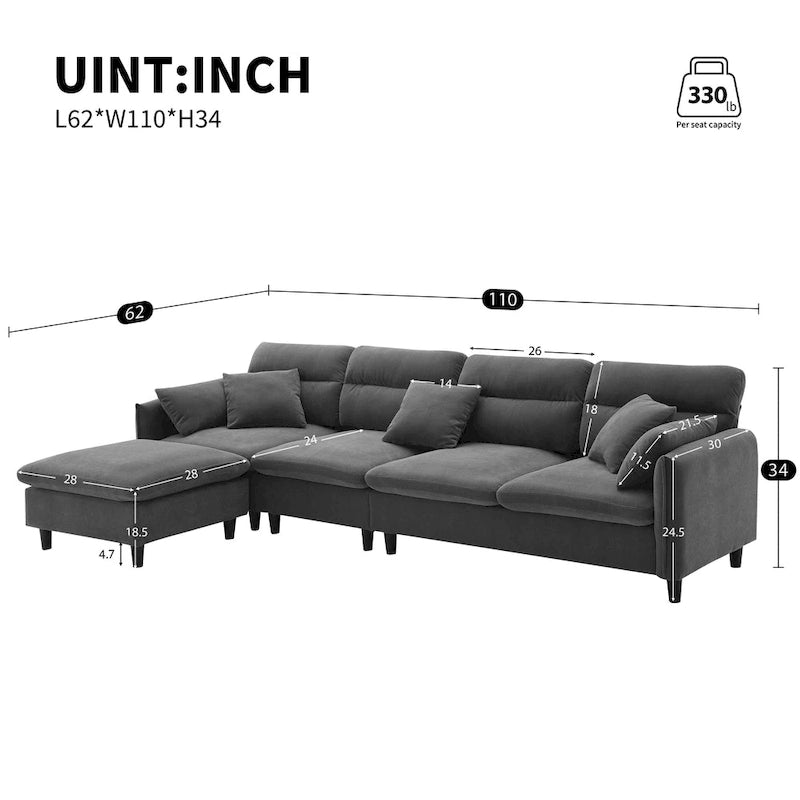110 Modern L-Shaped Convertible 5-Seat Sectional Sofa with Removable Ottoman and 5 Cushions, Plush Chenille Fabric