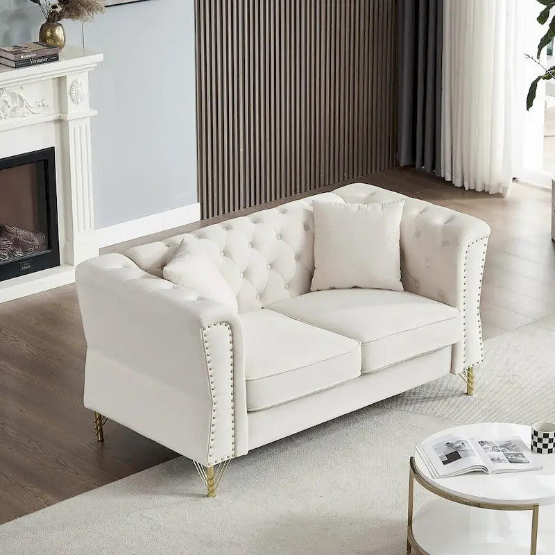 Beige 60.2 Velvet 2 Seater Sofa Couch with Metal Feet, 2 Pillows, Nailhead Trim, Solid Wood Frame and Foam Padding