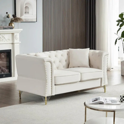 Beige 60.2 Velvet 2 Seater Sofa Couch with Metal Feet, 2 Pillows, Nailhead Trim, Solid Wood Frame and Foam Padding