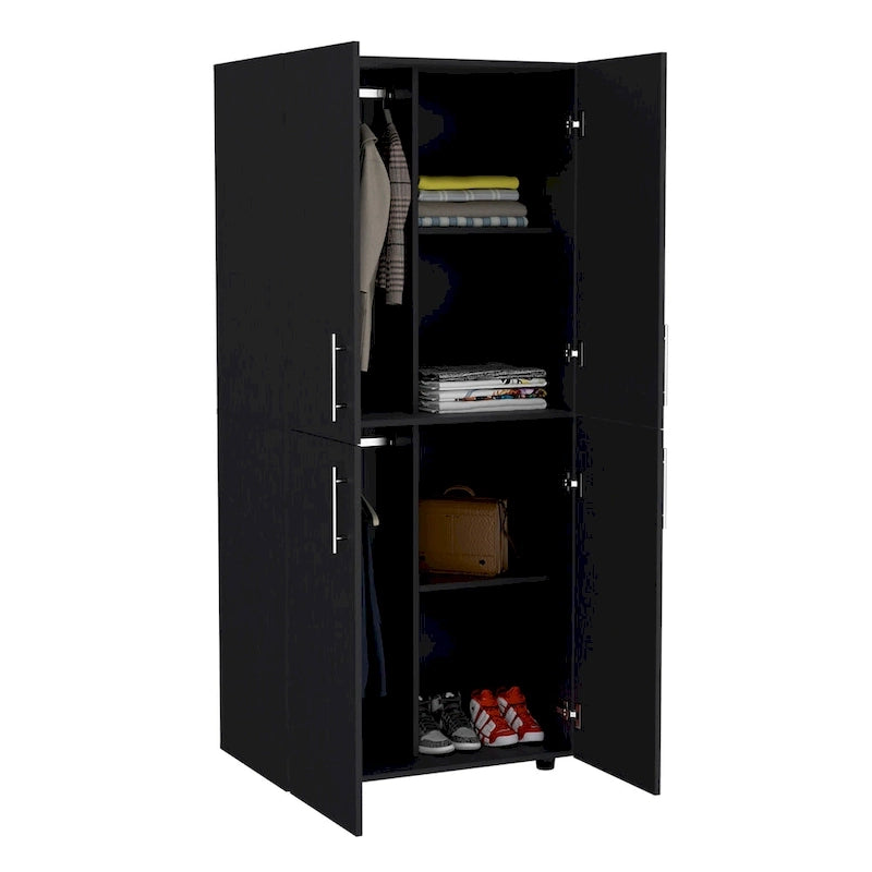 31.5 Modern Four-door Armoire with Six Shelves and Two Hanging Rods for Bedroom