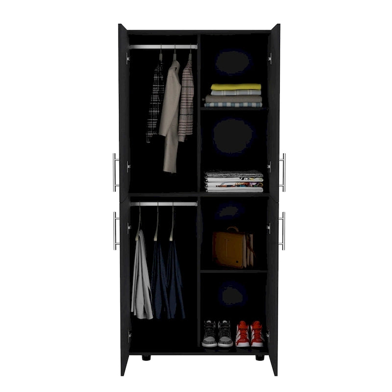 31.5 Modern Four-door Armoire with Six Shelves and Two Hanging Rods for Bedroom