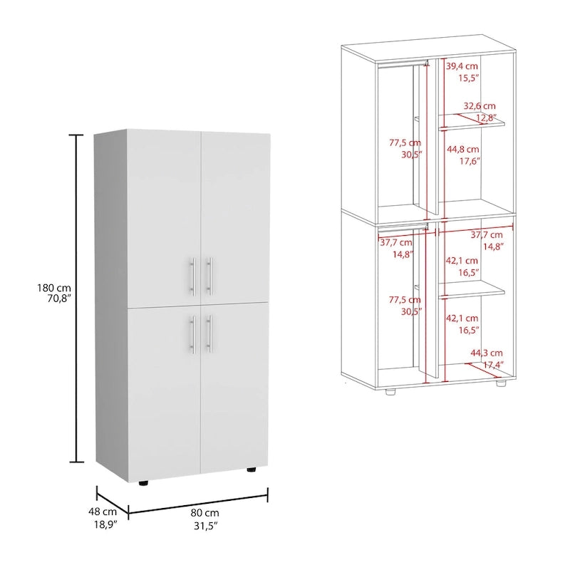 31.5 Modern Four-door Armoire with Six Shelves and Two Hanging Rods for Bedroom