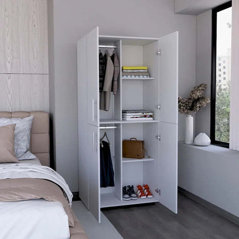 31.5 Modern Four-door Armoire with Six Shelves and Two Hanging Rods for Bedroom