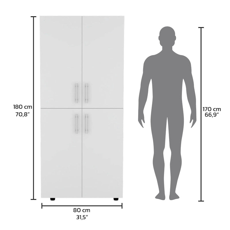 31.5 Modern Four-door Armoire with Six Shelves and Two Hanging Rods for Bedroom