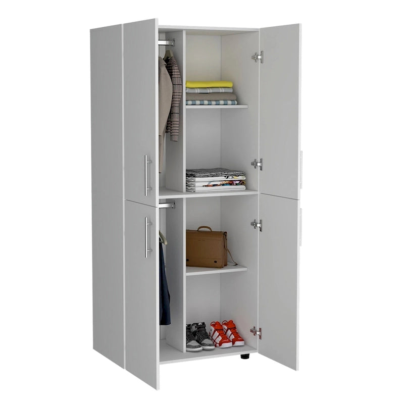 31.5 Modern Four-door Armoire with Six Shelves and Two Hanging Rods for Bedroom