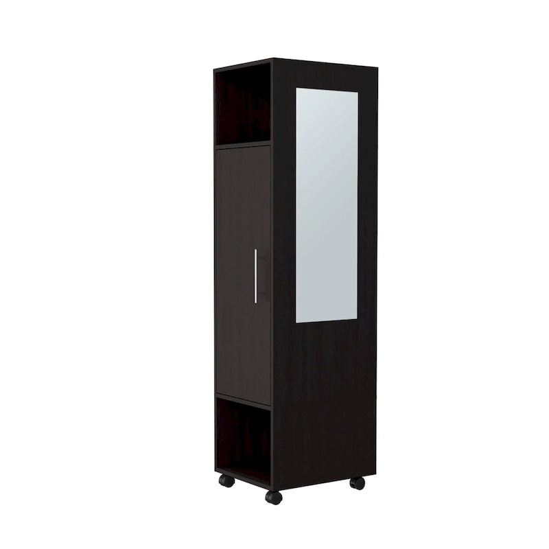 15.7 Modern Mirrored Armoire with Three Shelves, Casters and Hanging Rod