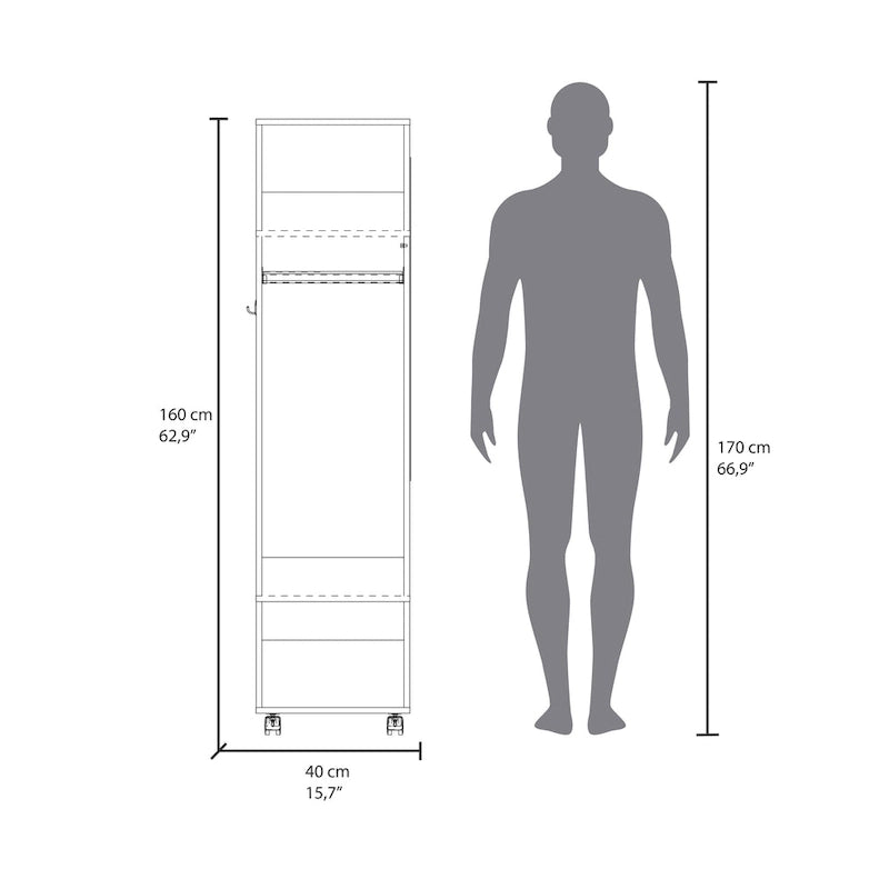 15.7 Modern Mirrored Armoire with Three Shelves, Casters and Hanging Rod