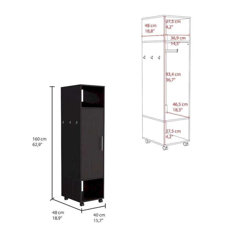 15.7 Modern Mirrored Armoire with Three Shelves, Casters and Hanging Rod