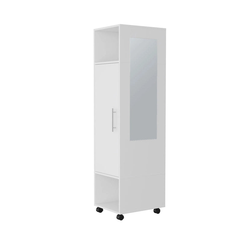 15.7 Modern Mirrored Armoire with Three Shelves, Casters and Hanging Rod