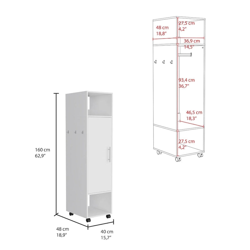15.7 Modern Mirrored Armoire with Three Shelves, Casters and Hanging Rod
