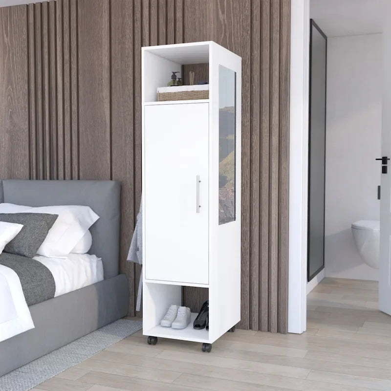 15.7 Modern Mirrored Armoire with Three Shelves, Casters and Hanging Rod