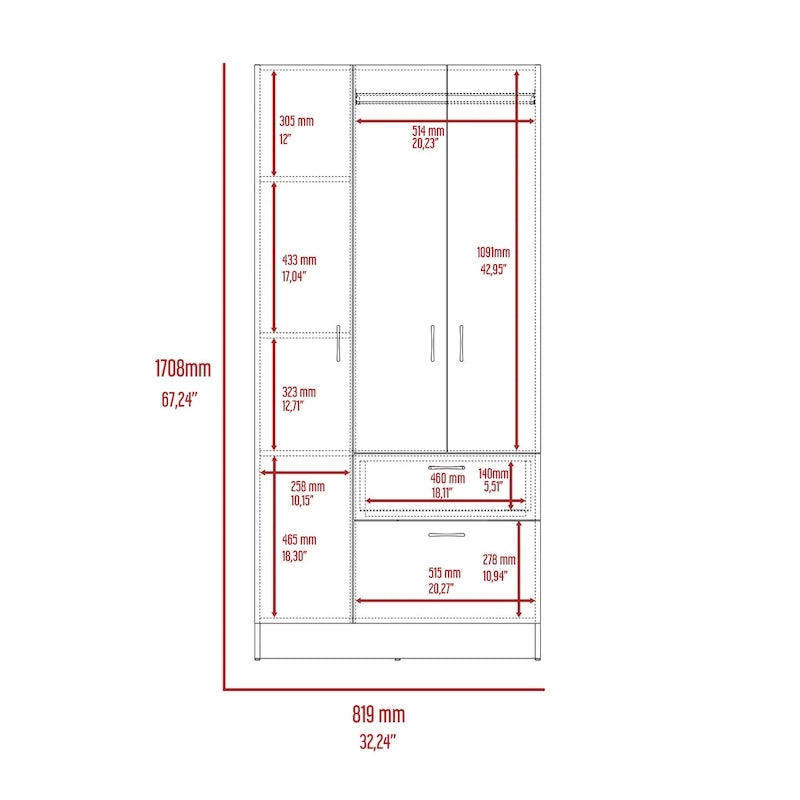 18.5 Modern Double-door Armoire with Metal Rod, One Drawer and Five Shelves