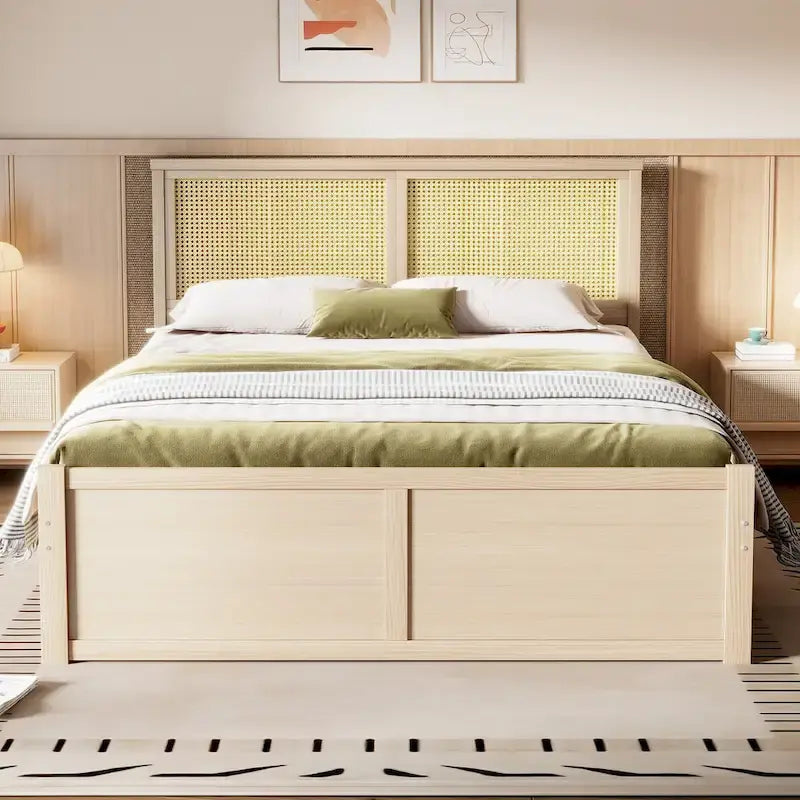 Antique Natural Queen Size Wood Storage Bed with 4 Drawers and Rattan Headboard