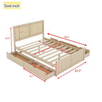 Antique Natural Queen Size Wood Storage Bed with 4 Drawers and Rattan Headboard