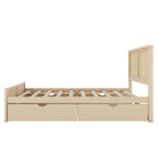 Antique Natural Queen Size Wood Storage Bed with 4 Drawers and Rattan Headboard