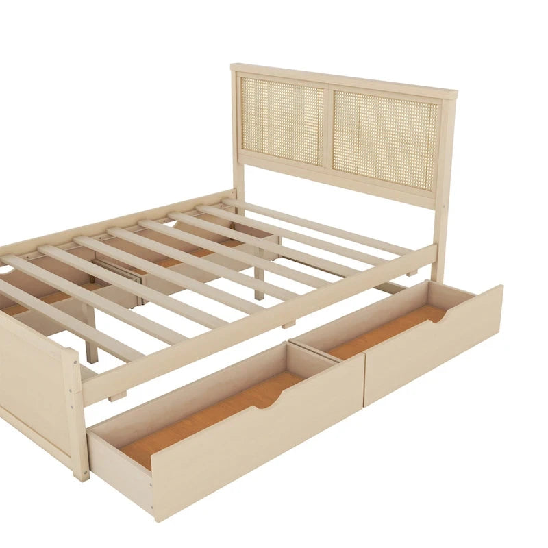 Antique Natural Queen Size Wood Storage Bed with 4 Drawers and Rattan Headboard