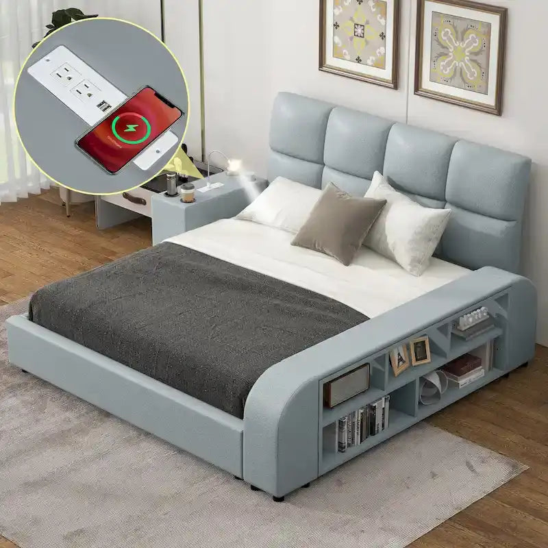 Queen Size PU Leather Platform Bed Frame with Multimedia Nightstand
