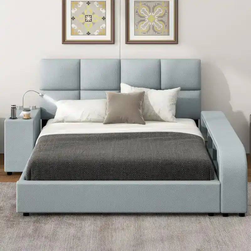 Queen Size PU Leather Platform Bed Frame with Multimedia Nightstand
