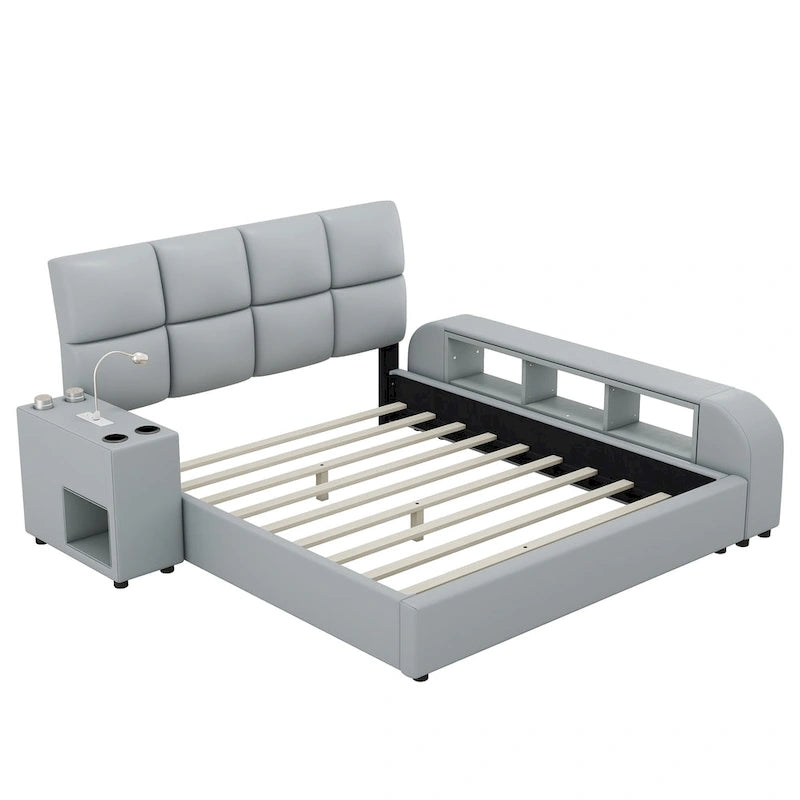 Queen Size PU Leather Platform Bed Frame with Multimedia Nightstand