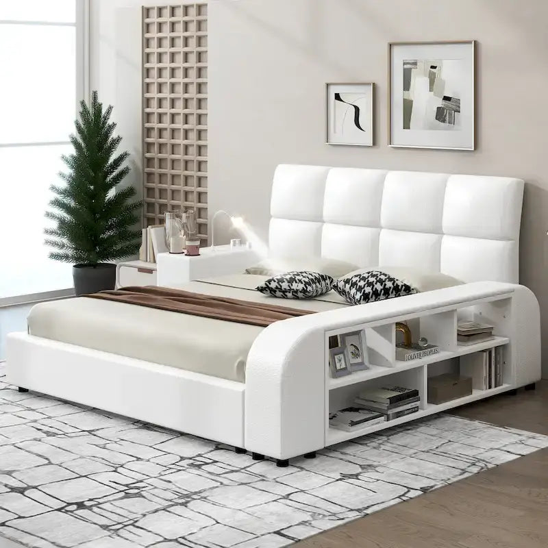 Queen Size PU Leather Platform Bed Frame with Multimedia Nightstand