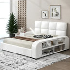 Queen Size PU Leather Platform Bed Frame with Multimedia Nightstand