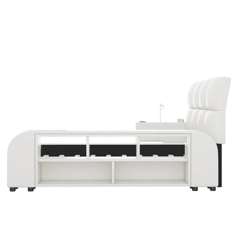 Queen Size PU Leather Platform Bed Frame with Multimedia Nightstand