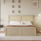 Antique Natural Full Size Wood Storage Platform Bed with 4 Drawers & Rattan Headboard
