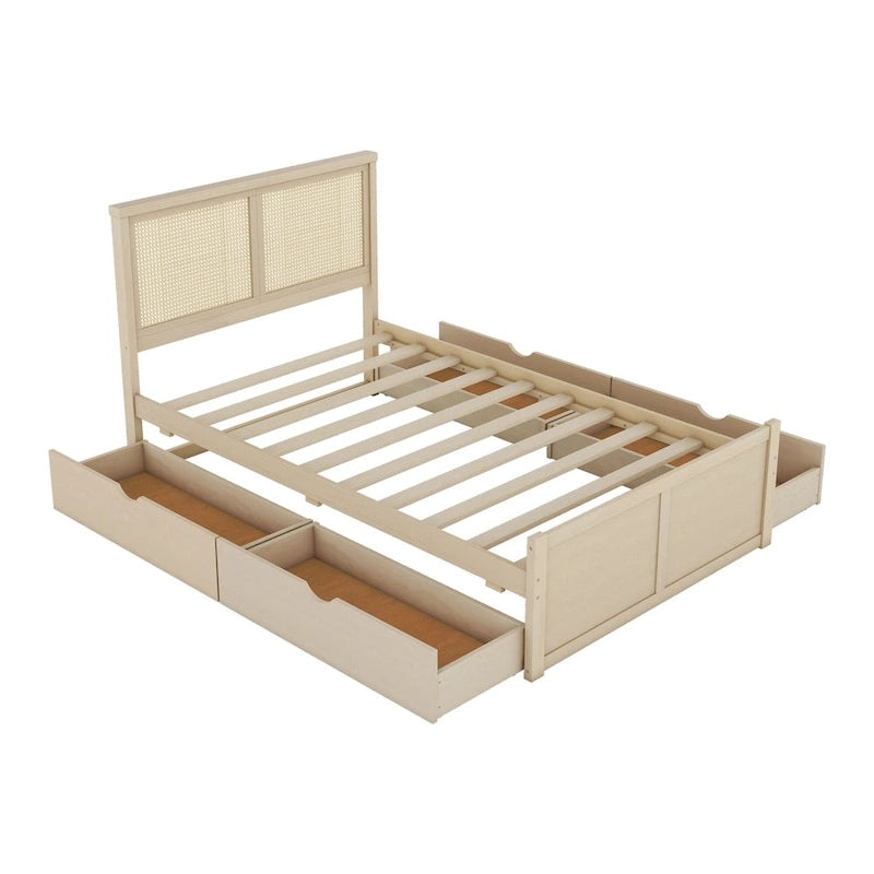 Antique Natural Full Size Wood Storage Platform Bed with 4 Drawers & Rattan Headboard