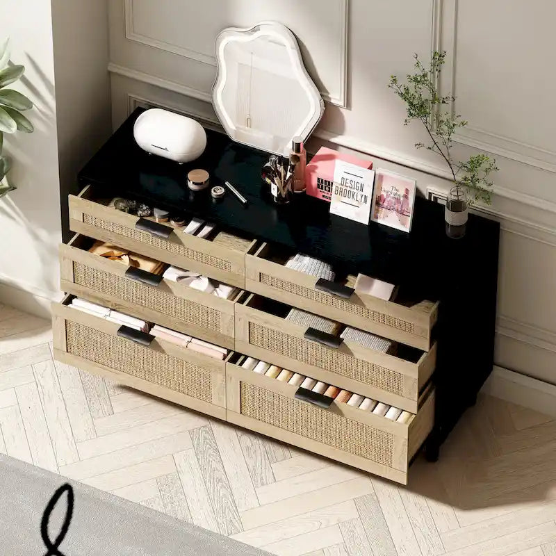 Rattan 6-Drawer Double Dresser with Metal Handle, Wood Legs, Clothes Storage Cabinet for Bedroom