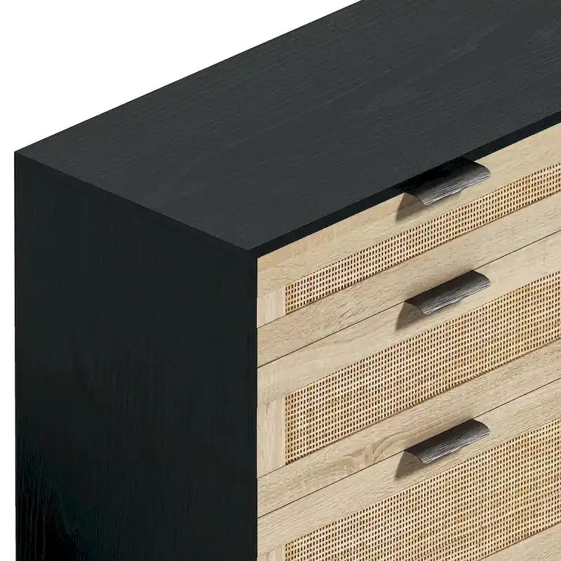 Rattan 6-Drawer Double Dresser with Metal Handle, Wood Legs, Clothes Storage Cabinet for Bedroom