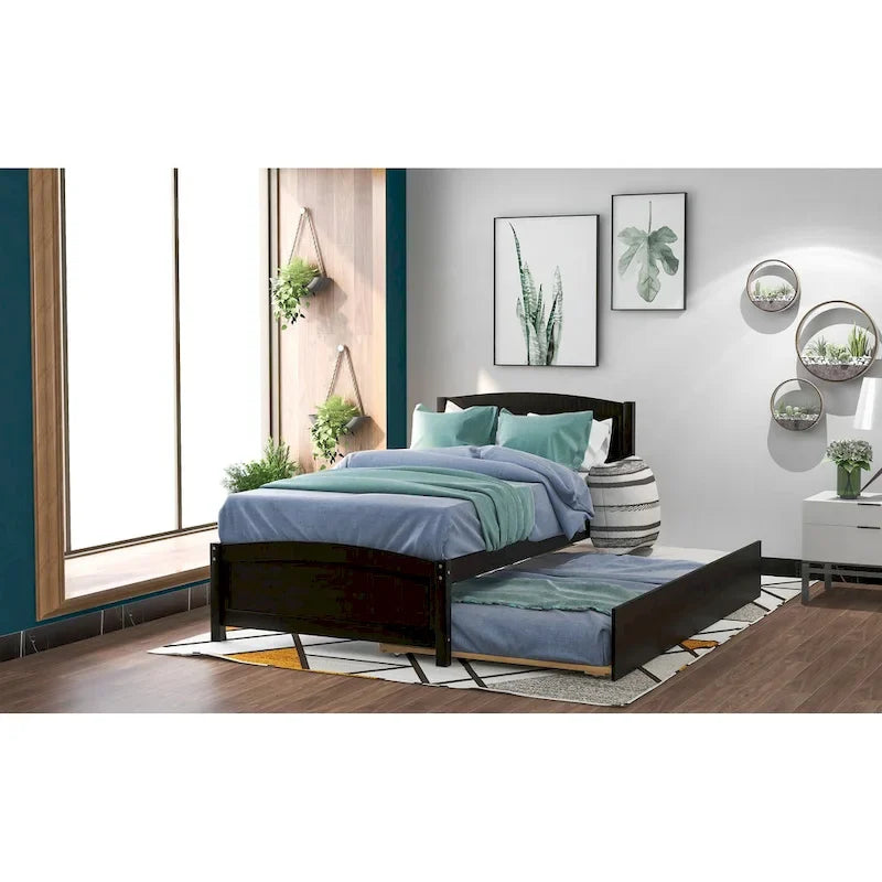 Twin Pine Platform Bed with Trundle & Headboard
