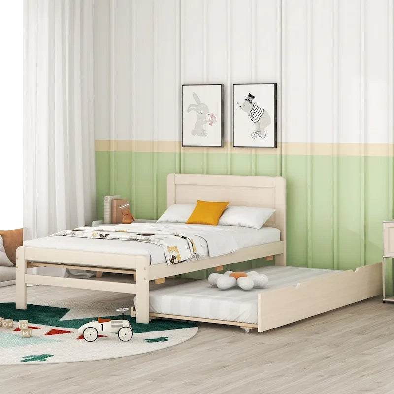 Twin Rubber Wood Platform Bed with Trundle