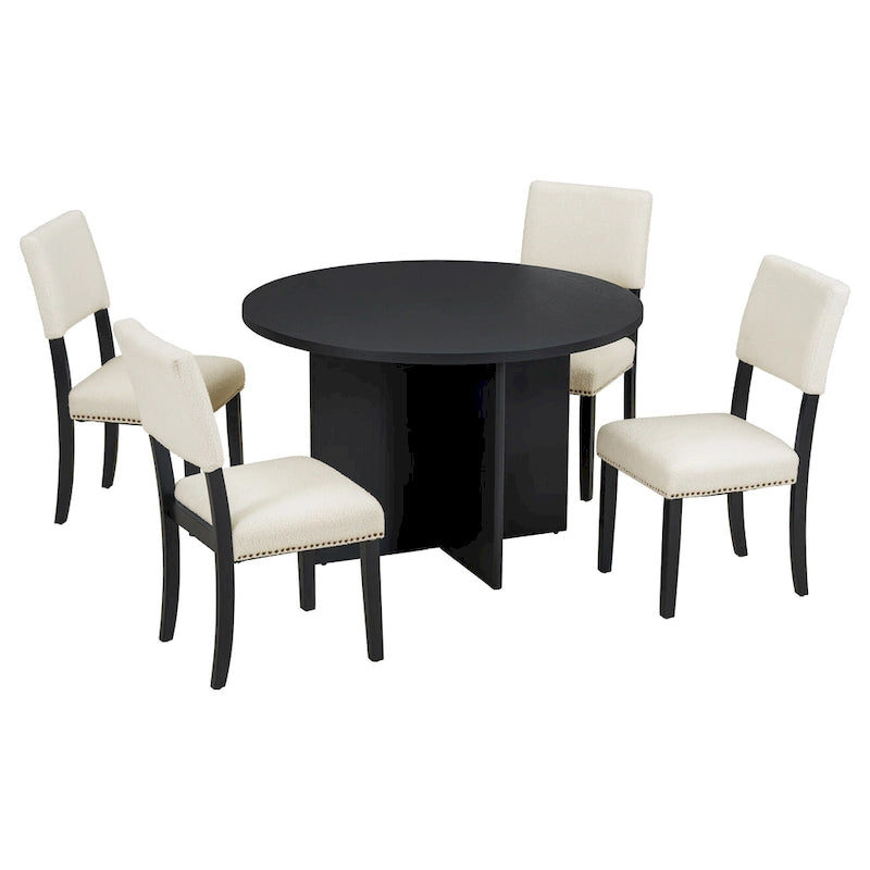 Farmhouse Style 5-Piece Wooden Dining Set with Round Table and 4 Lambswool-like Fabric Upholstered Chairs